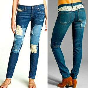 Free People Patchwork Skinny Jeans Size 25 Daisy Haynes Crochet Lace Festival
